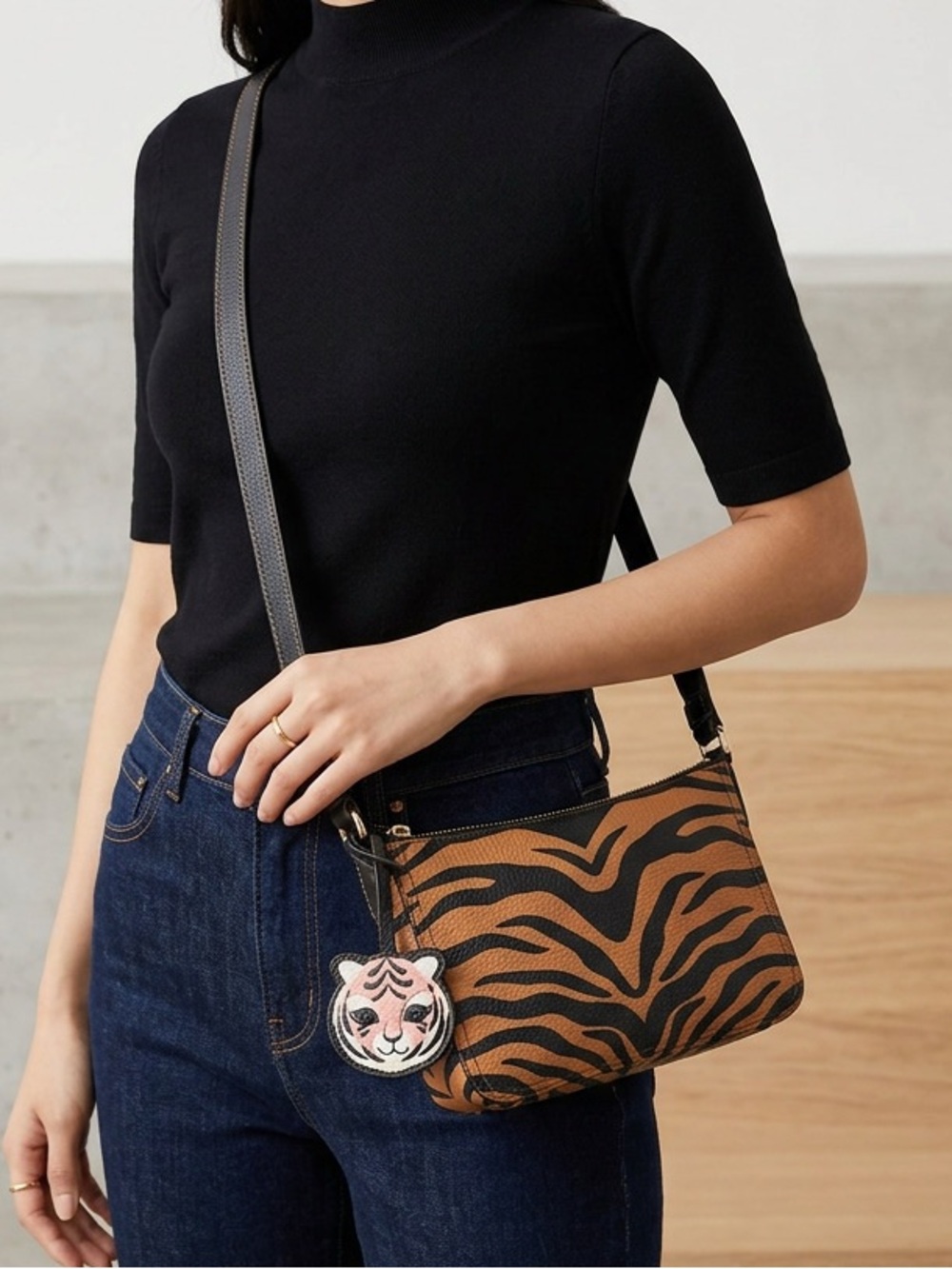Rare Furla Tiger Leather Crossbody Bag w/tiger charm